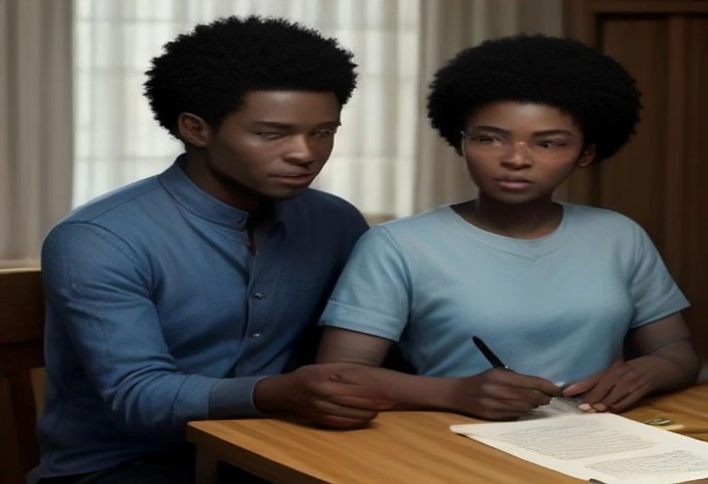Bayo reviews the suspicious German admission document while Tobi pleads for immediate payment. — illustration from the story "The Forty-Eight Hour Verification"