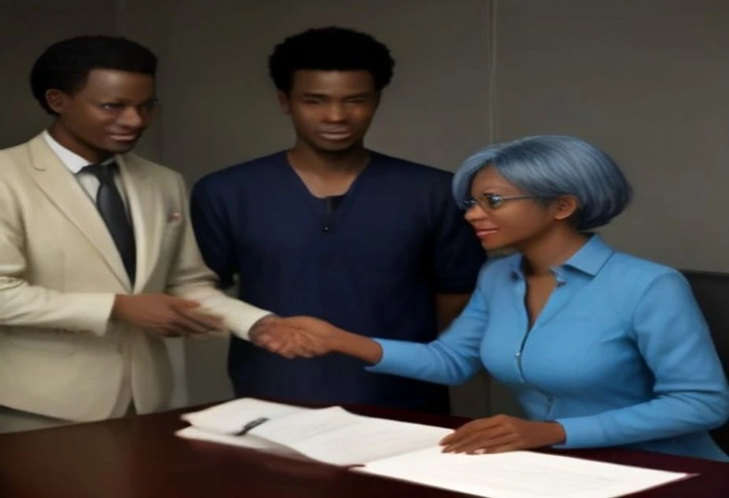 With a legitimate plan underway, Bayo shakes hands with Funmi in relief. — illustration from the story "The Forty-Eight Hour Verification"