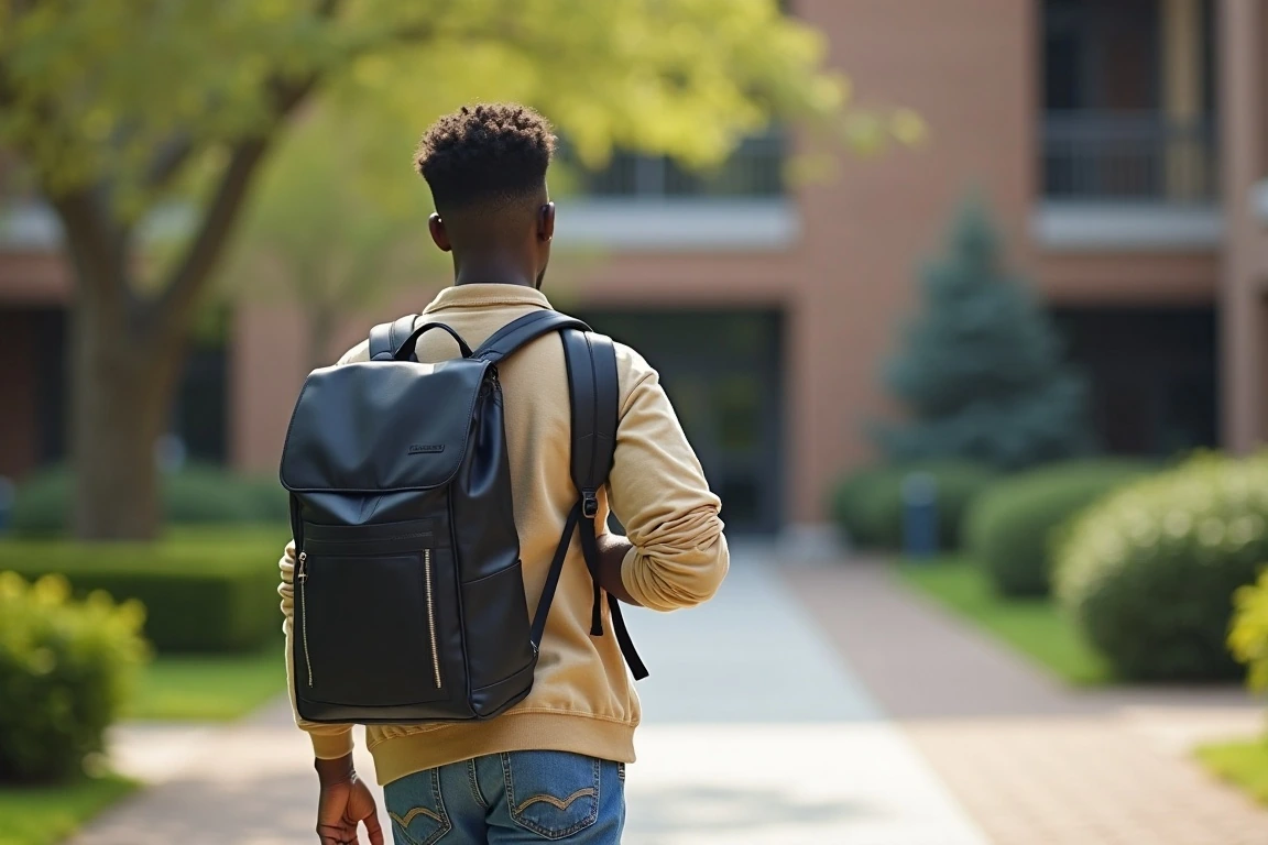 A successful international student walking on a UK university campus.