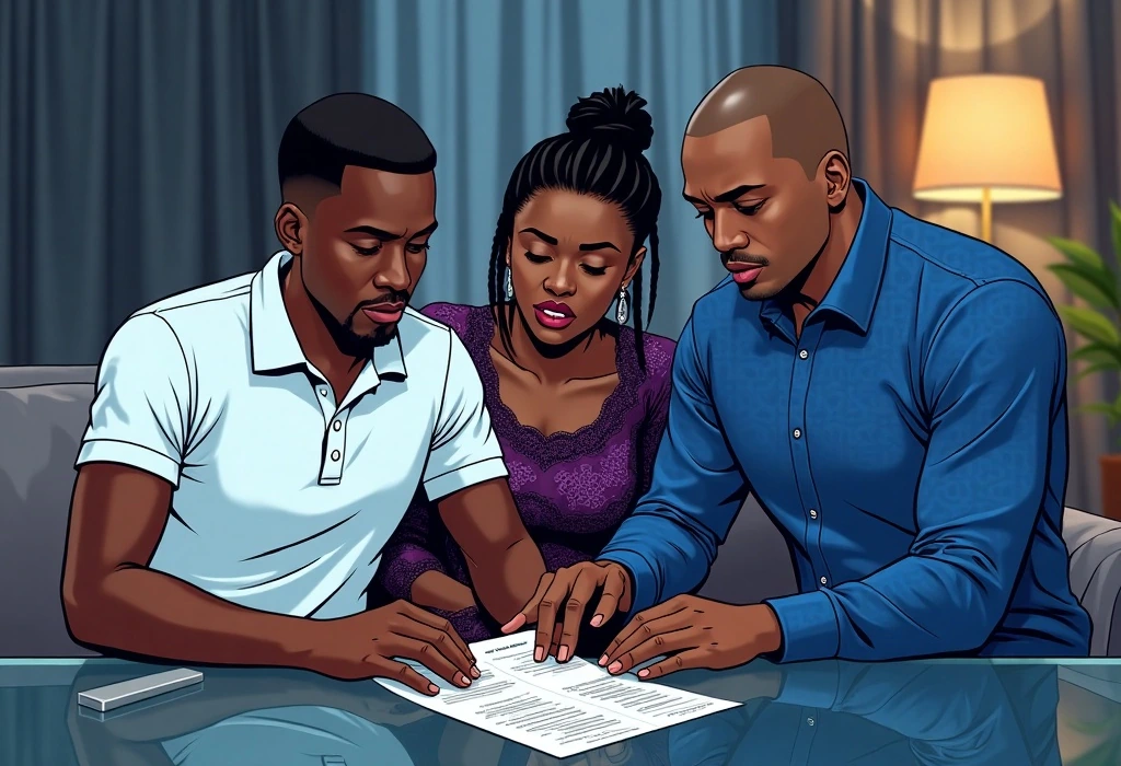 Adewale pressures Mrs. Dada to pay a late deposit for September. — illustration from the story "The Calendar on the Kitchen Wall"