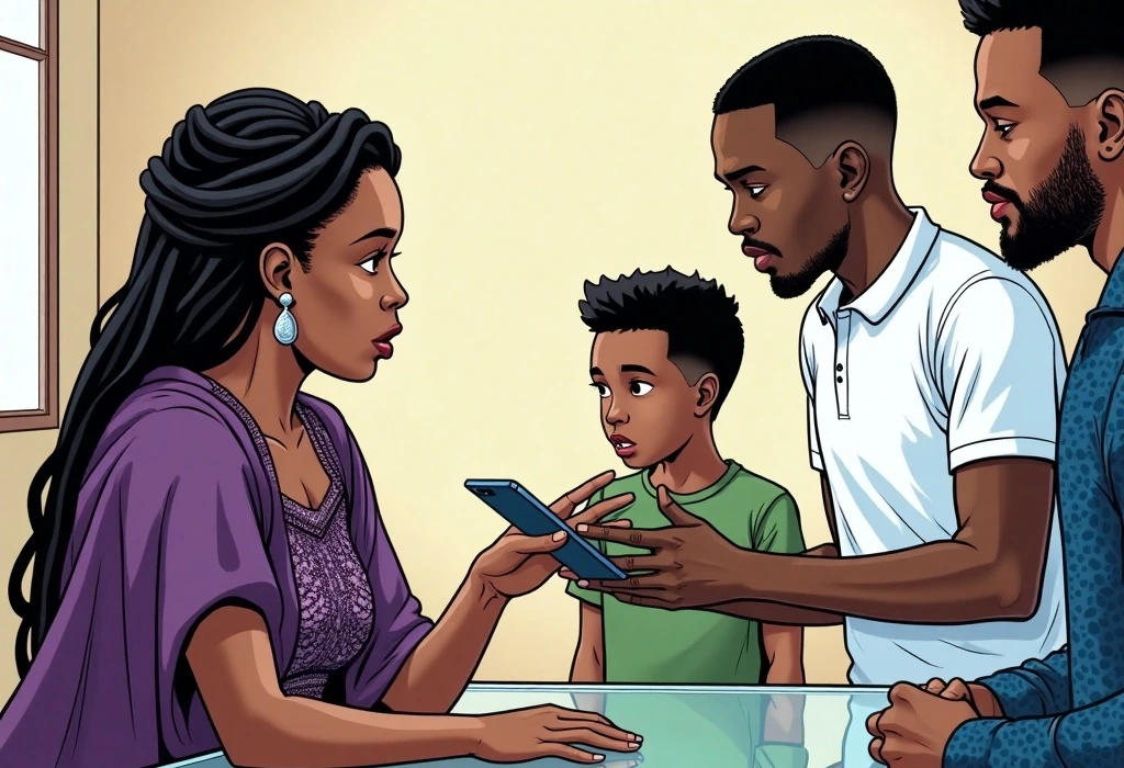 Biyi questions the unrealistic timeline presented by the agent. — illustration from the story "The Calendar on the Kitchen Wall"
