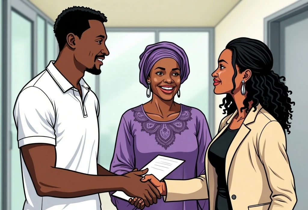 Tunde and Funke leave Dhub with a realistic, safe plan. — illustration from the story "The Calendar on the Kitchen Wall"