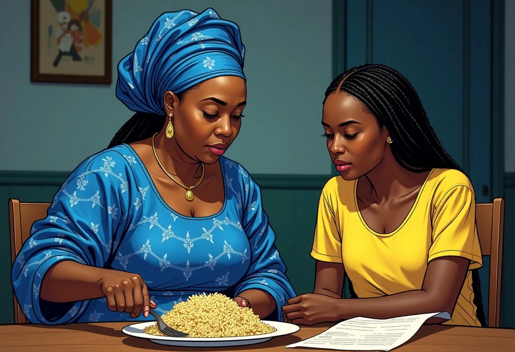 Mother and daughter face the harsh financial reality of UK university tuition. — illustration from the story "The Ilorin Calculation"