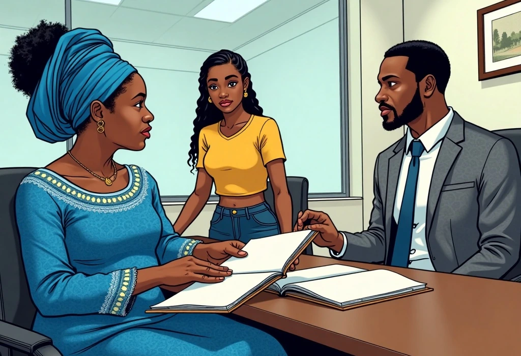 Kunle Soyinka explains the reality of European tuition rules to the family. — illustration from the story "The Ilorin Calculation"