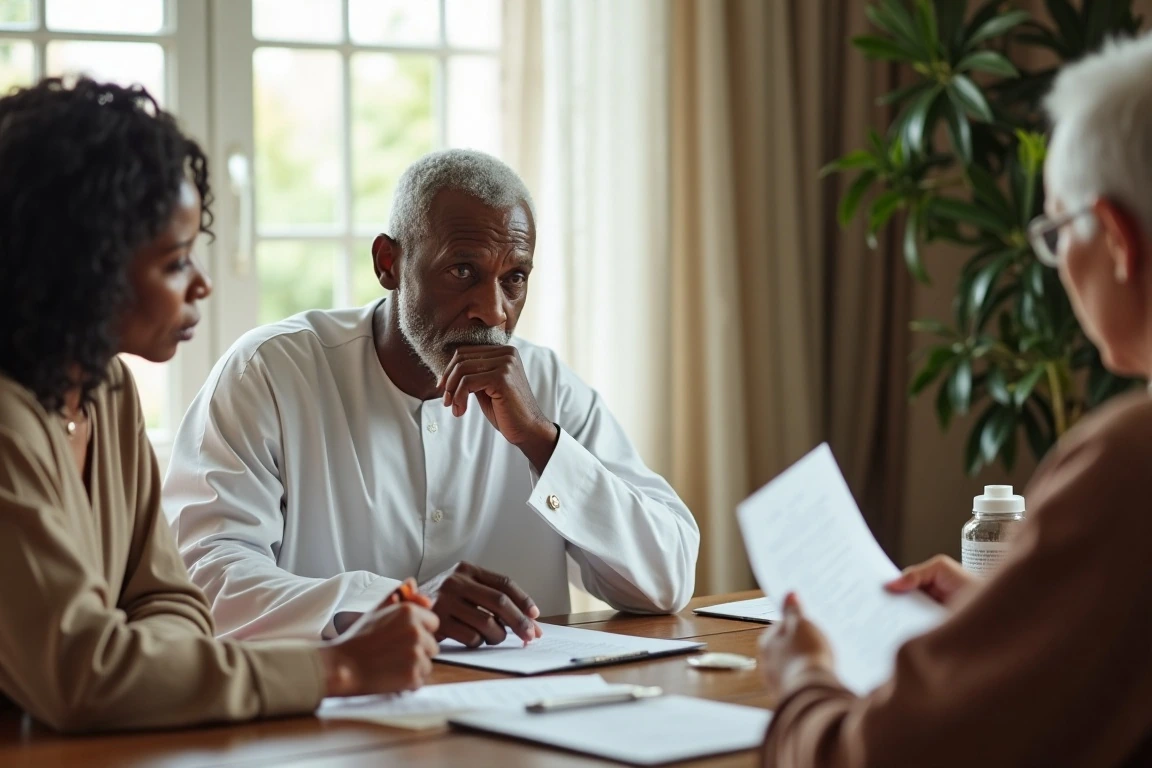 A father reviewing official documents at home with his family.