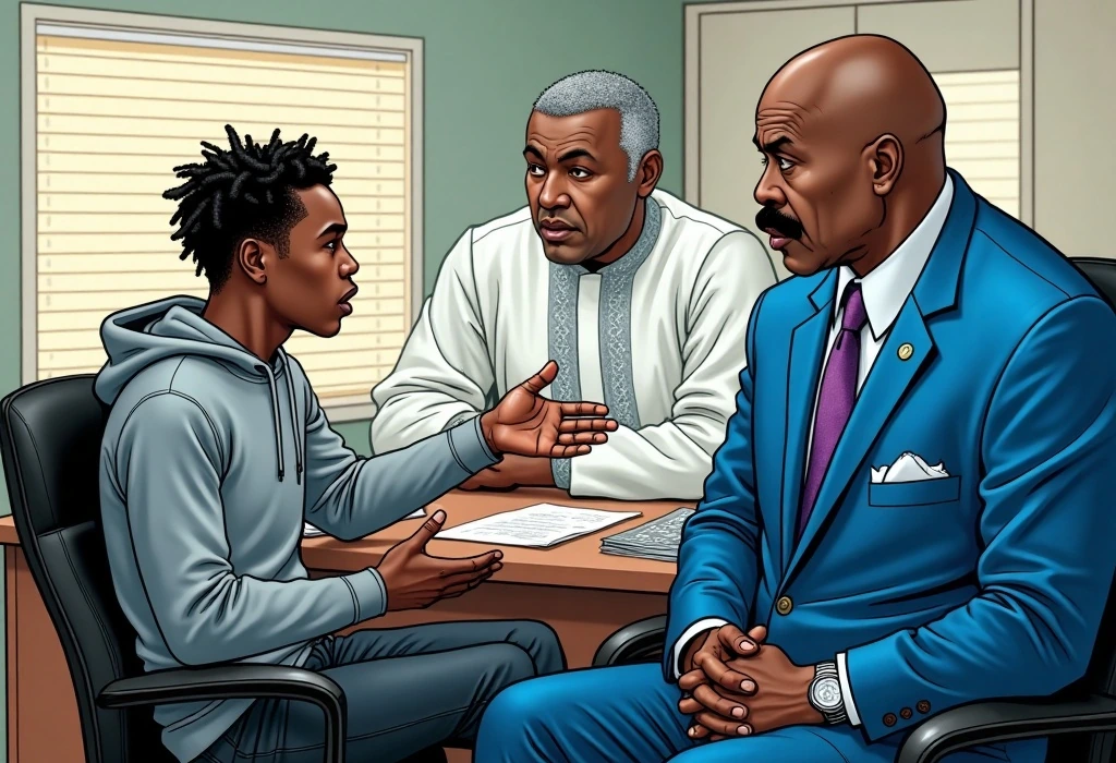 Mr. Collins proposes his leased blocked account scheme to Sylvester and Ejike. — illustration from the story "The Registry at Munster"