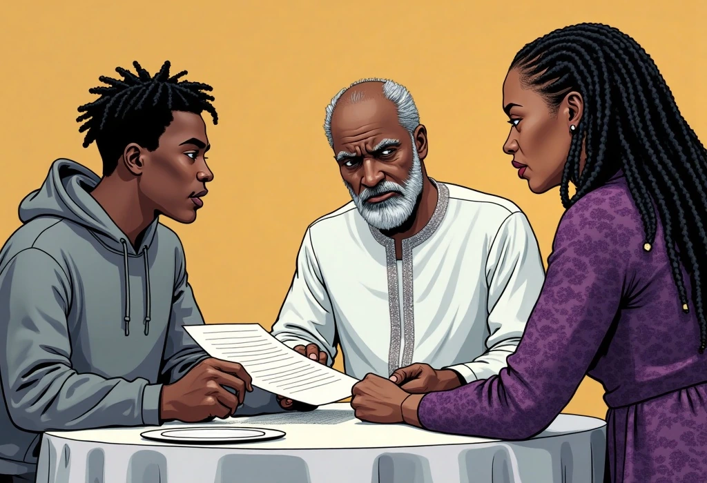 Chizoba expresses her deep skepticism about the agent's shortcut. — illustration from the story "The Registry at Munster"