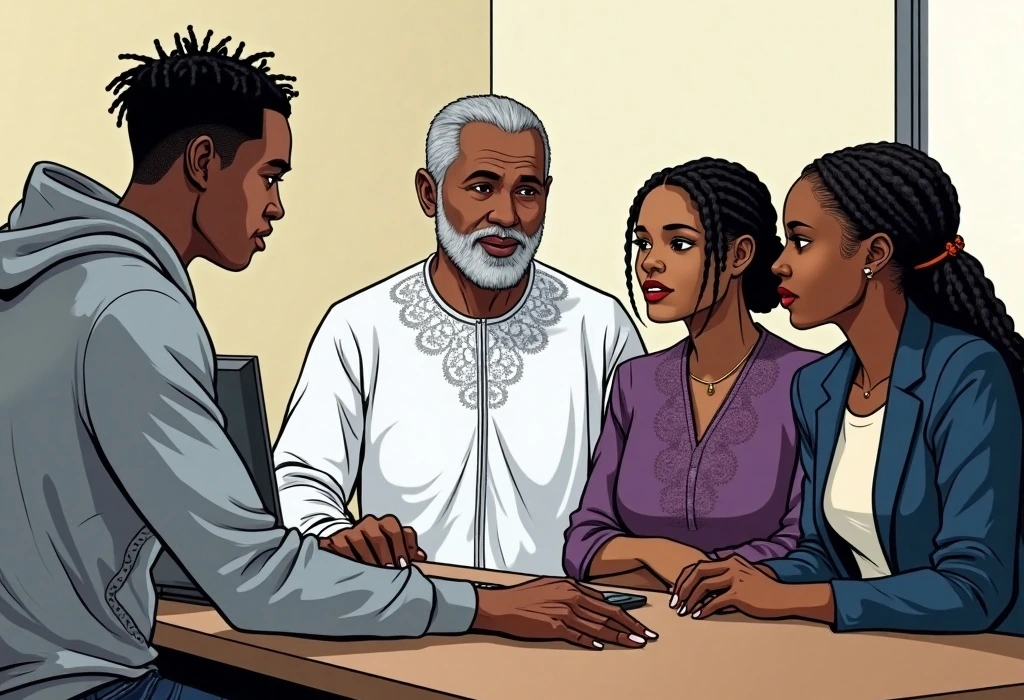 Ifeoma explains the strict activation process of German blocked accounts. — illustration from the story "The Registry at Munster"