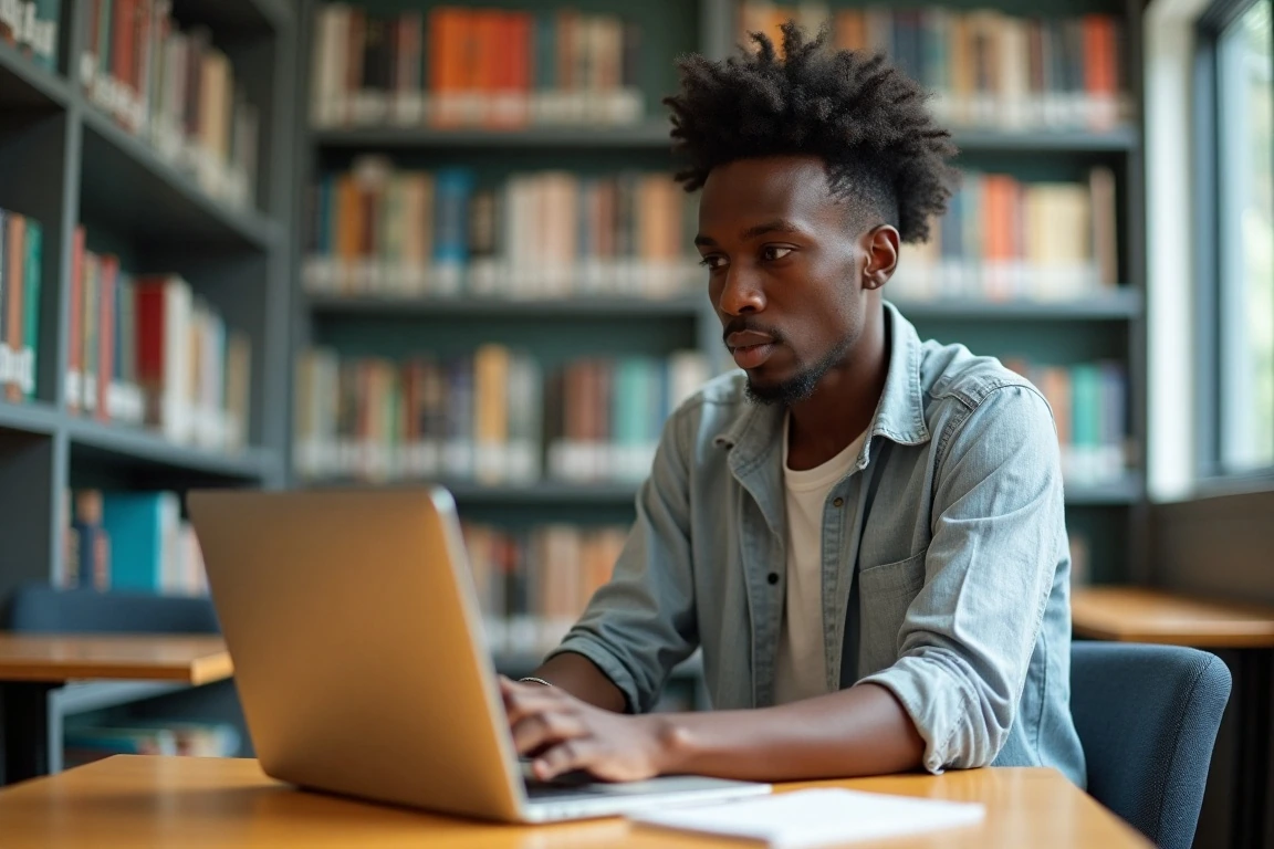 A student studying in a modern European university library.