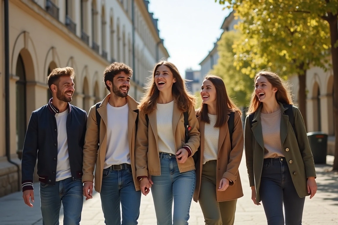 International students walking on a European university campus.