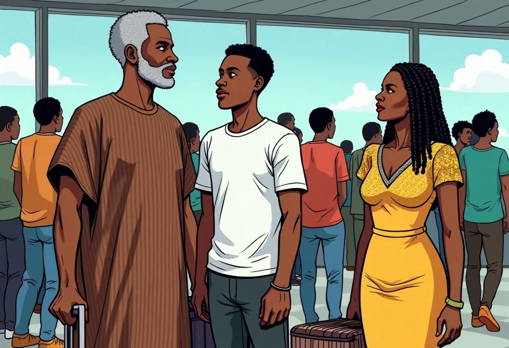 The Alao family celebrates a legitimate, affordable path to Europe. — illustration from the story "The Continental Shift"