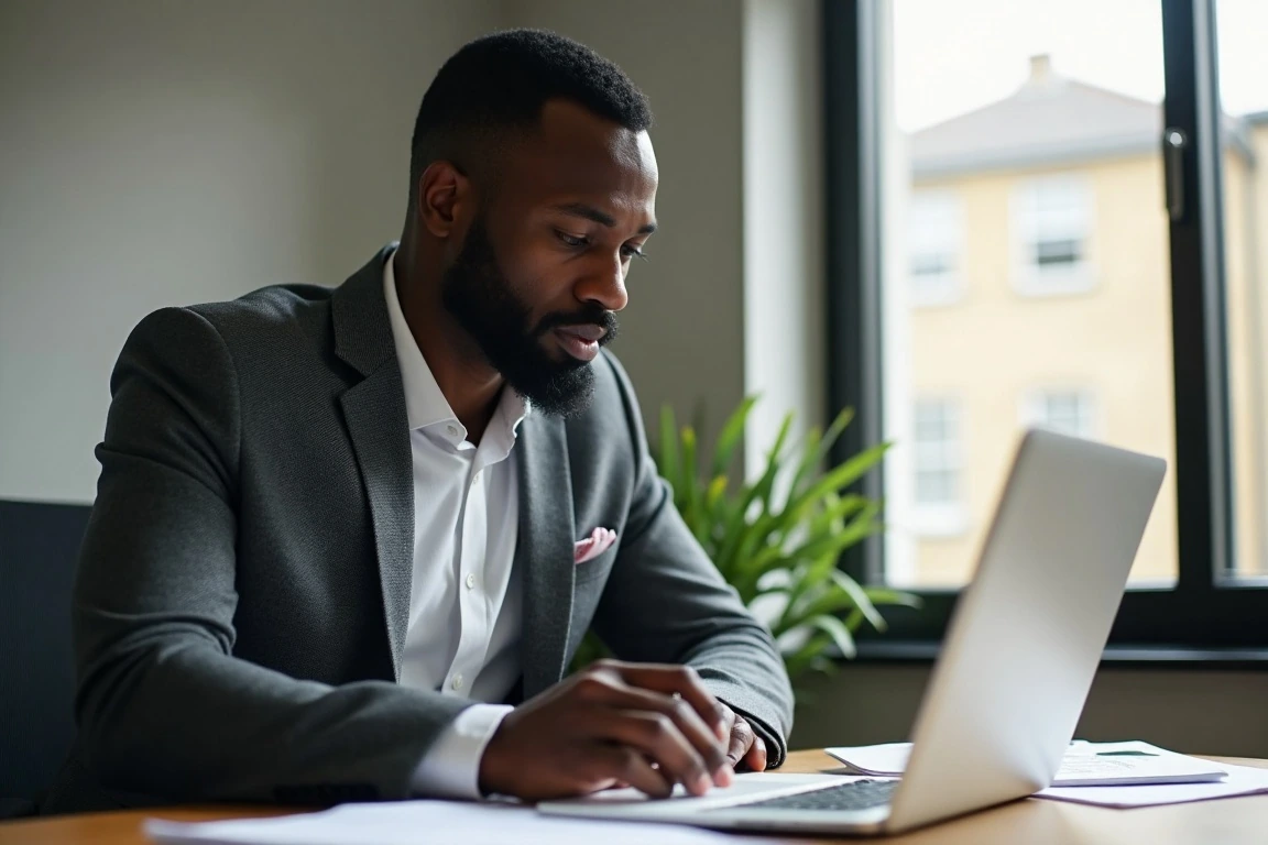 A professional study-abroad consultant reviewing application files carefully in his office.