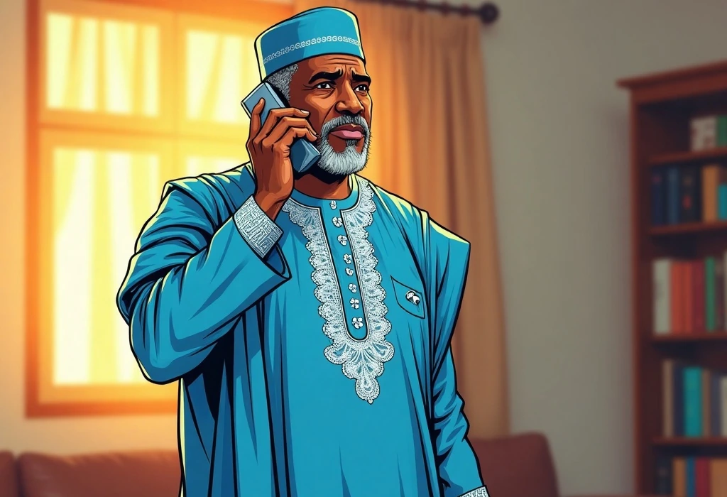 Alhaji Ibrahim makes an anxious late-night call to London. — illustration from the story "The Three Phone Calls"