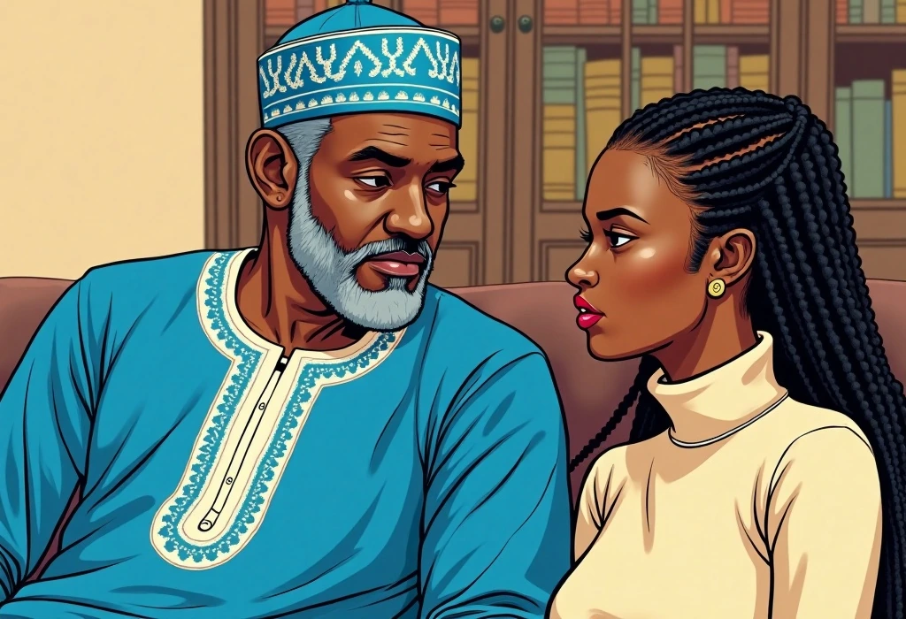 Zainab and her father discuss strategic course options. — illustration from the story "The Three Phone Calls"