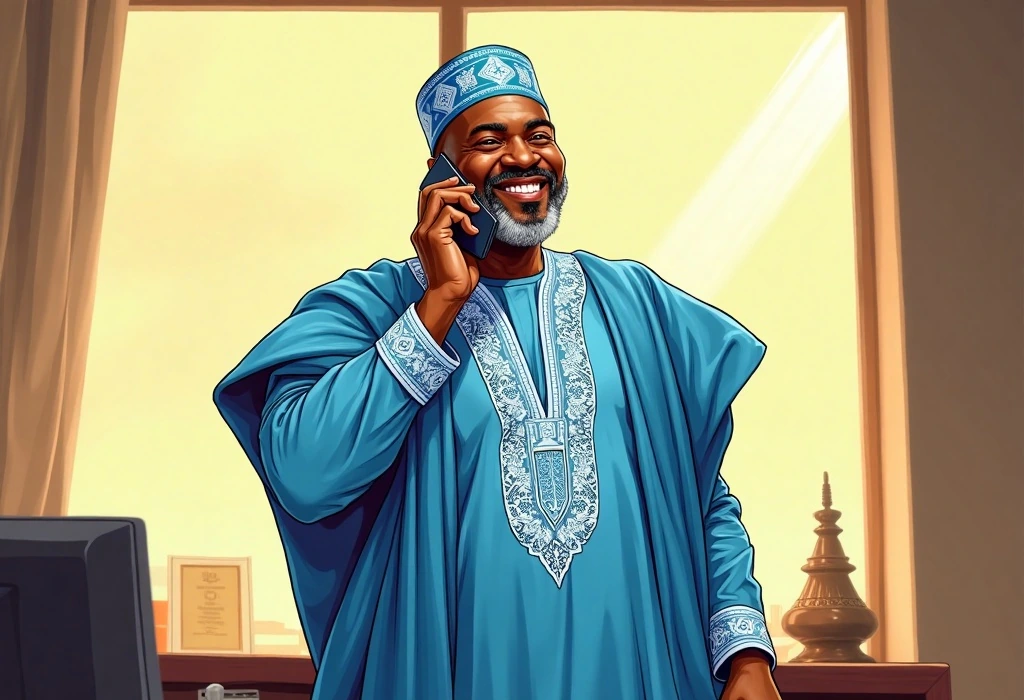 Alhaji Ibrahim celebrates his daughter's visa approval. — illustration from the story "The Three Phone Calls"