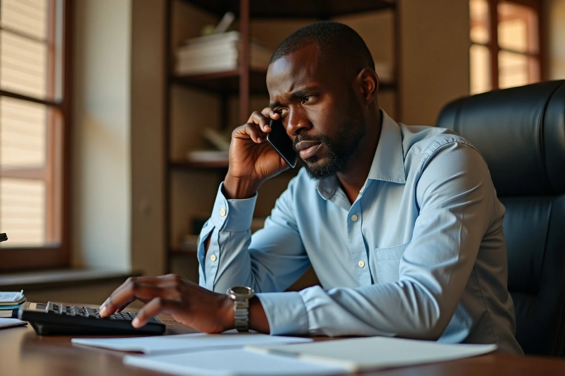 An anxious Nigerian father calculating tuition expenses at his desk.