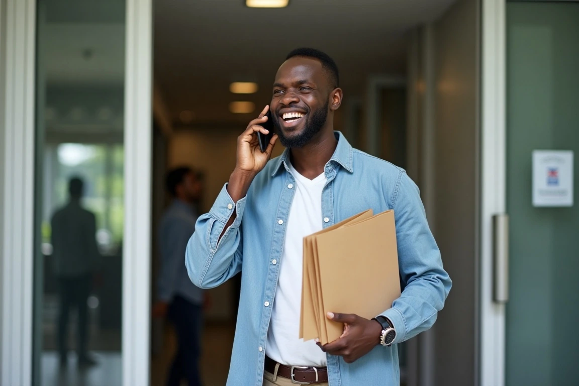 A young Nigerian student happily leaving the visa application centre with his documents.