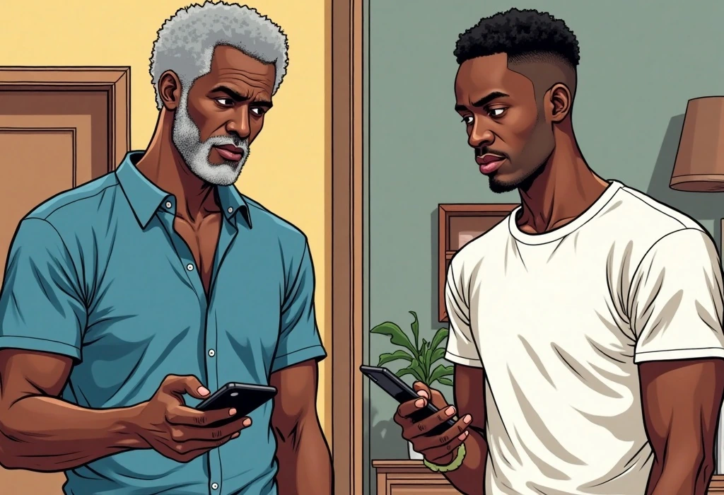Charles calls Tochi to break the news of the sudden $6,000 deposit demand. — illustration from the story "The Price of Logic"