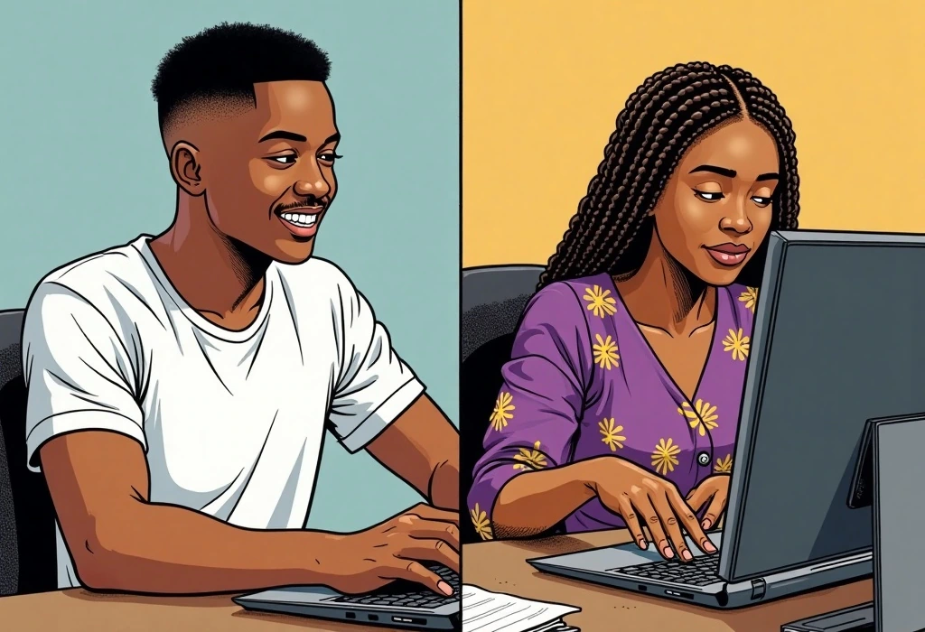 Nneka guides Tochi through the secure payment link process to prevent fraud. — illustration from the story "The Price of Logic"