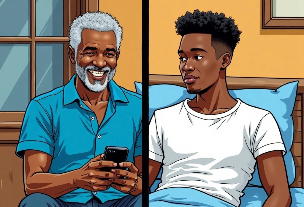Charles and Tochi celebrate the safe, direct payment of the tuition deposit. — illustration from the story "The Price of Logic"