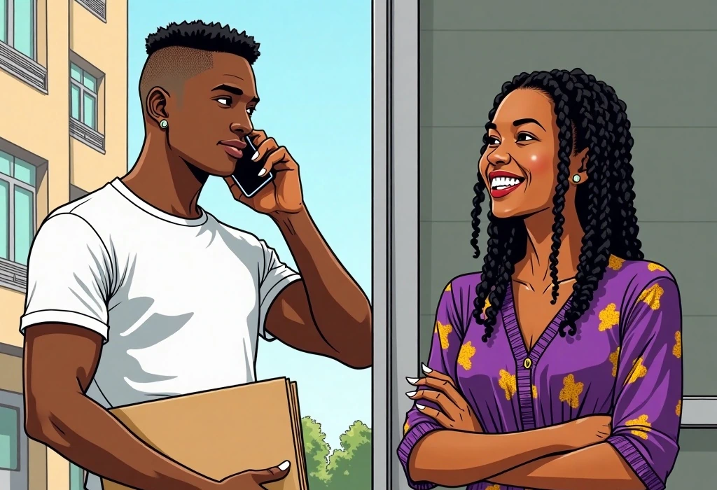 Tochi shares the news of a smooth visa document submission with Nneka. — illustration from the story "The Price of Logic"