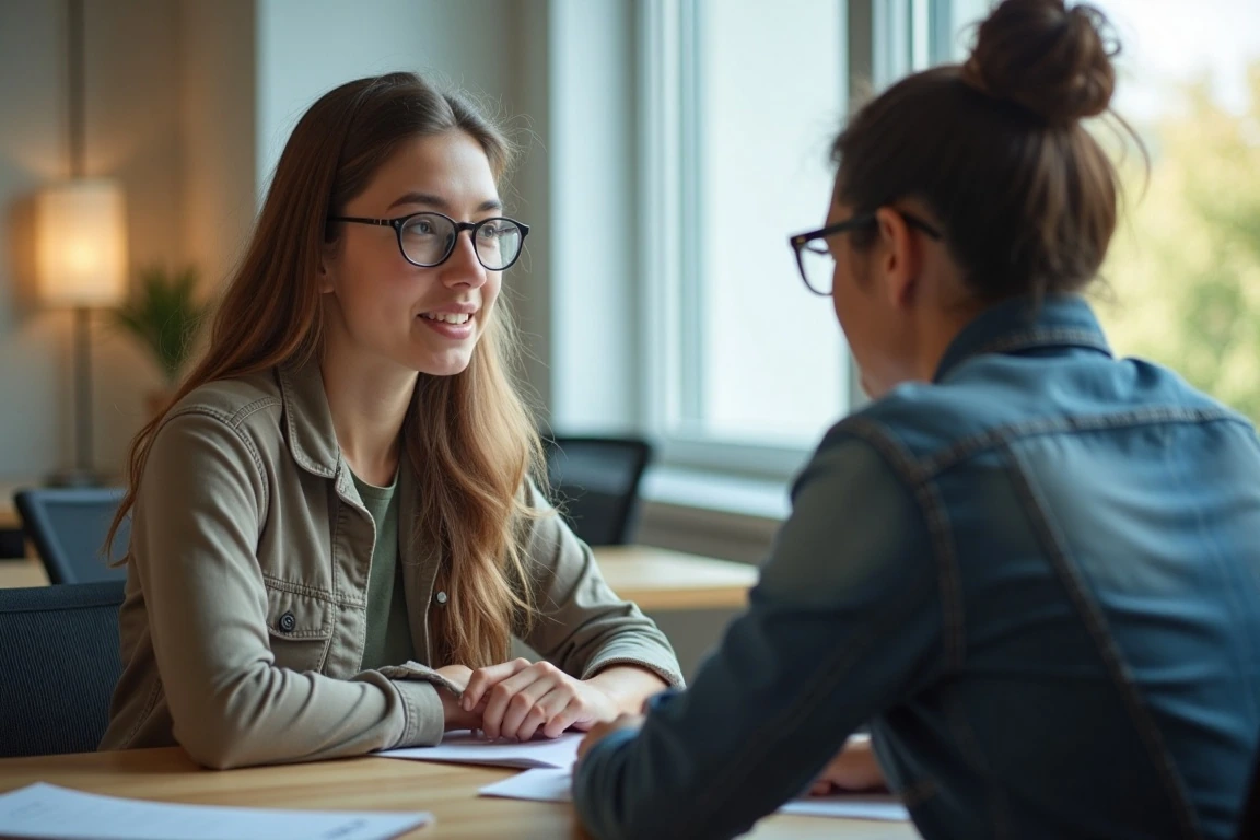 An international student consulting with a supportive academic counsellor on campus.