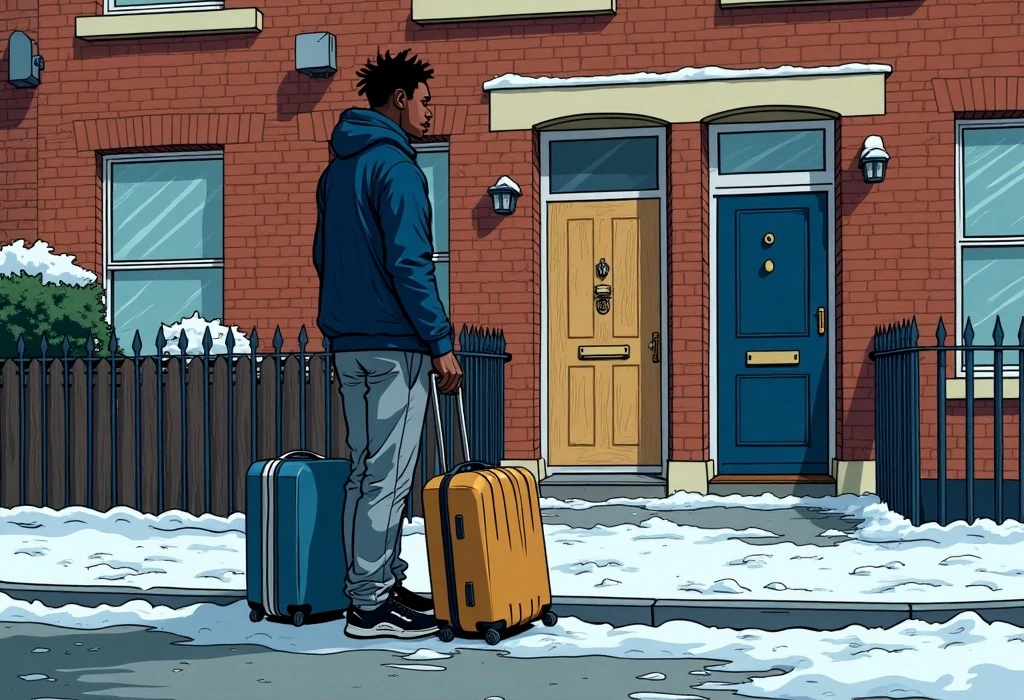 Chidi stands stranded outside a boarded-up house in the Leeds autumn cold. — illustration from the story "The Room That Wasn't There"