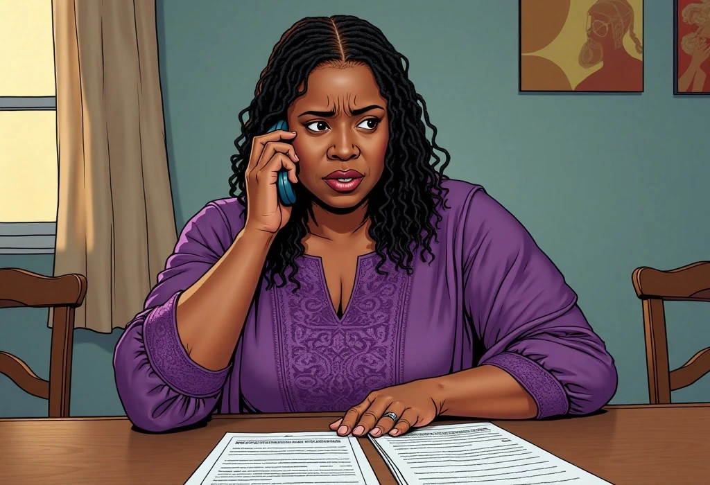 Ngozi reacts with absolute terror to her son's frantic call from Leeds. — illustration from the story "The Room That Wasn't There"