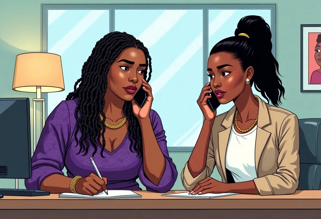 Yetunde promises to use Dhub's UK housing network to rescue Chidi. — illustration from the story "The Room That Wasn't There"