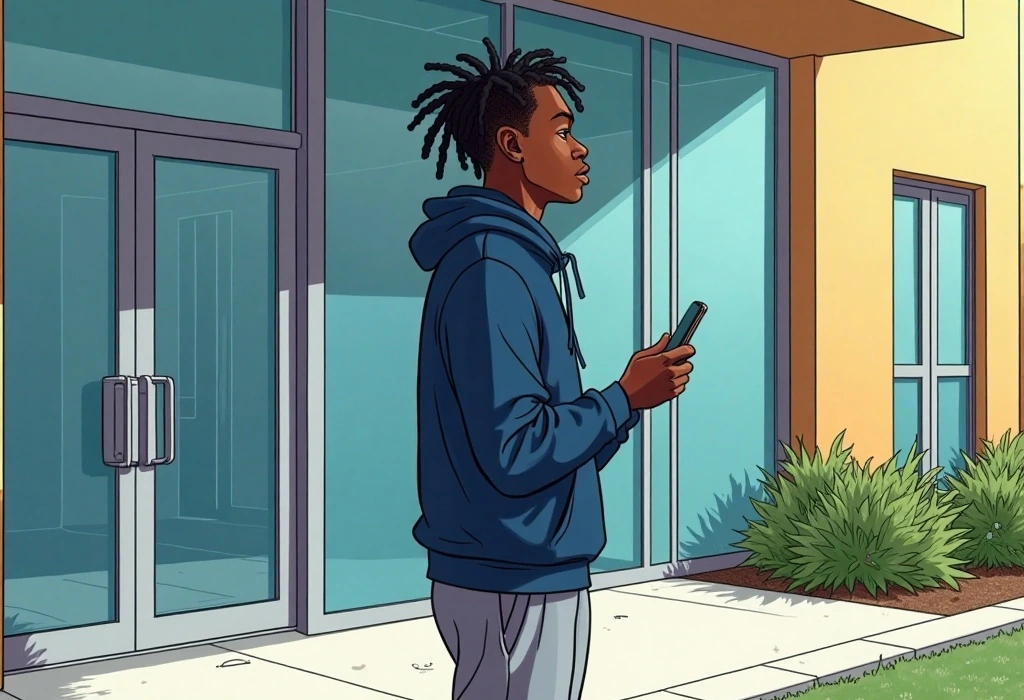 Chidi receives a verified booking confirmation from Dhub on his phone. — illustration from the story "The Room That Wasn't There"