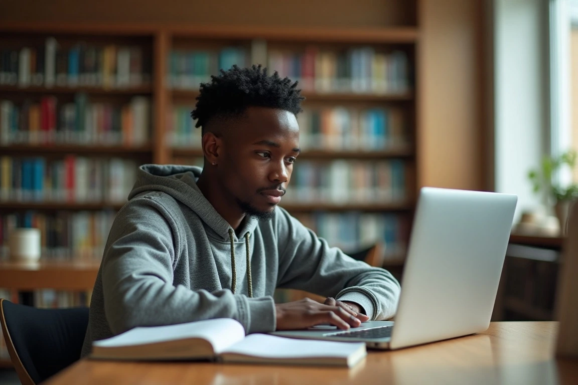An international student focusing on his coursework in a modern, well-lit academic library.