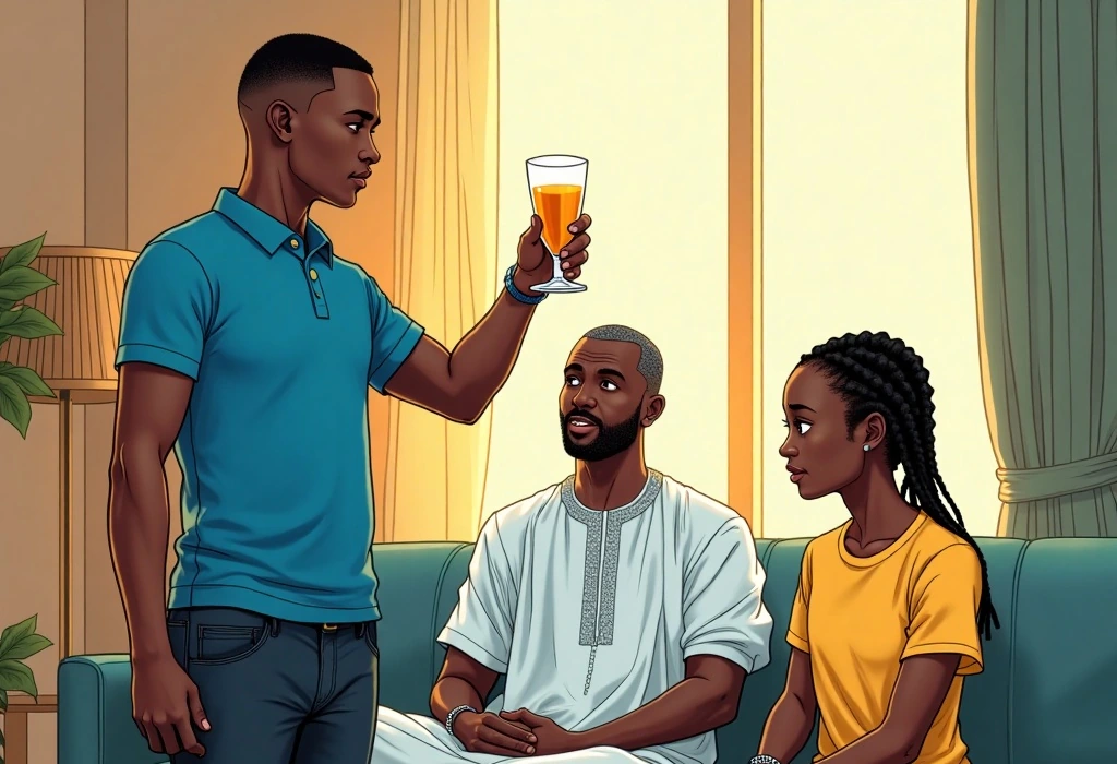 Chief Adebayo toasts his son's upcoming postgraduate journey in their Lagos home. — illustration from the story "The Hour Glass of Birmingham"