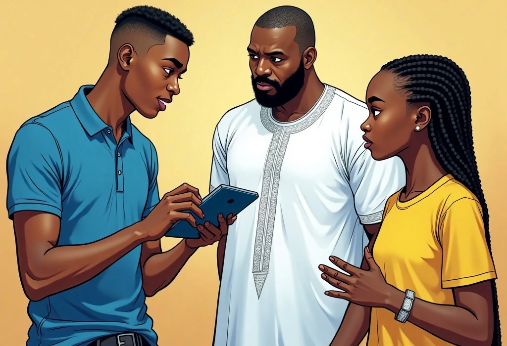 Simi points out the strict UK student visa work limits on her tablet. — illustration from the story "The Hour Glass of Birmingham"