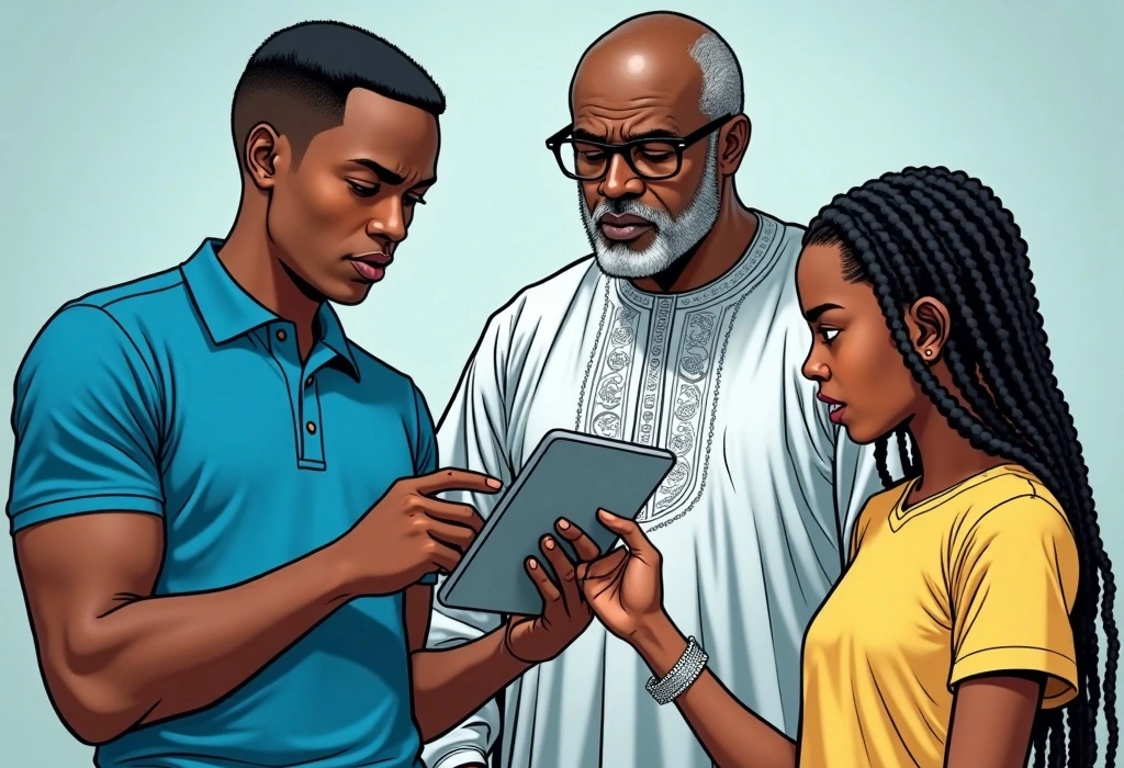 Tobi and his father realize the strict rules surrounding the dissertation period. — illustration from the story "The Hour Glass of Birmingham"