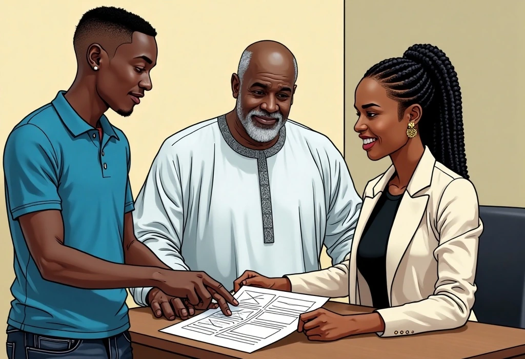 Amara maps out a secure, compliant pathway for Tobi's studies and career. — illustration from the story "The Hour Glass of Birmingham"