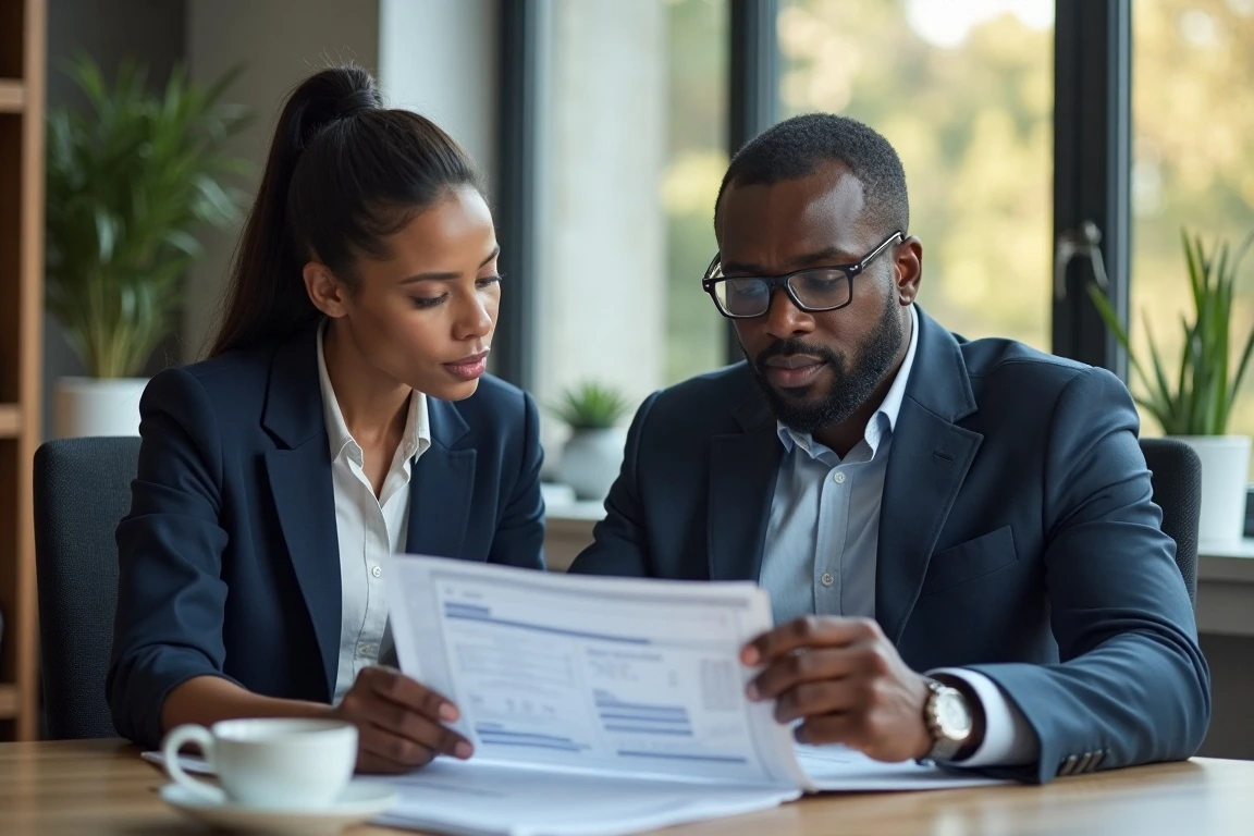 A parent and educational consultant reviewing financial documents in an office.