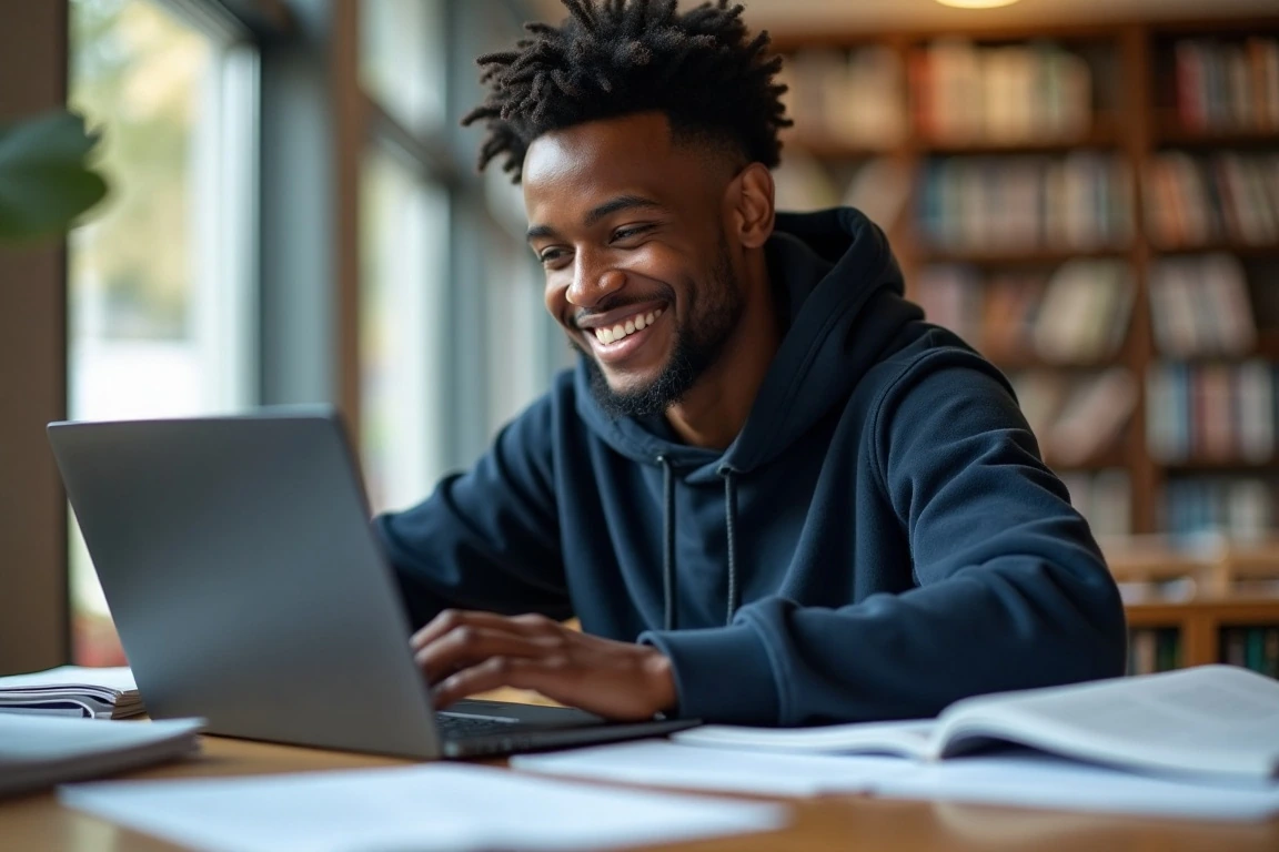 A happy Nigerian student studying in a modern university library.