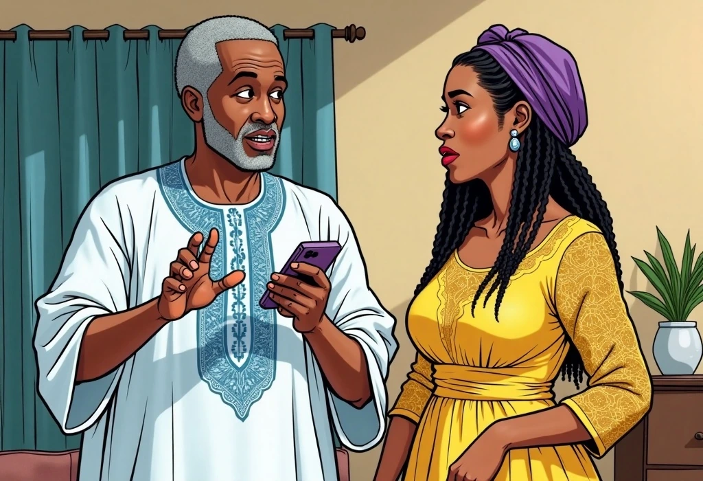 Auntie Bosede insists that Damola should already be sending money home. — illustration from the story "The Sunday Evening Silence"