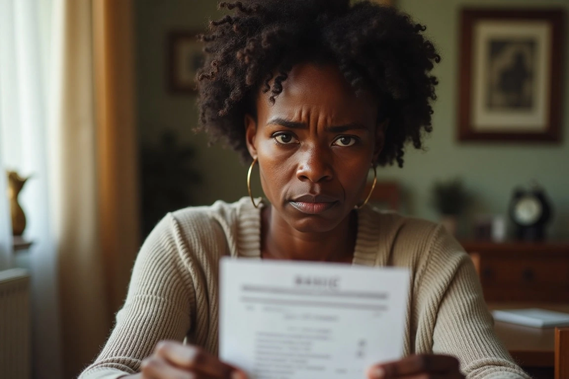 A concerned Nigerian mother reviewing a suspicious paper receipt at a dining table.