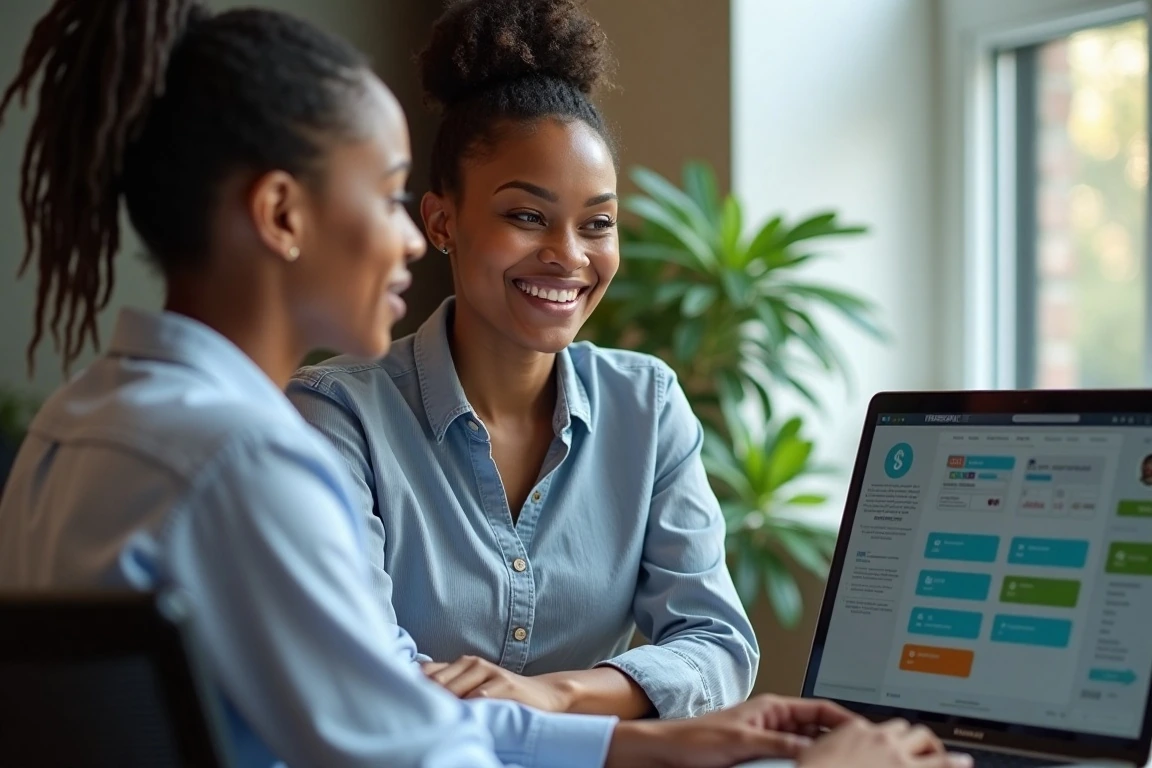 A professional female advisor showing secure tuition payment portals on a computer screen.