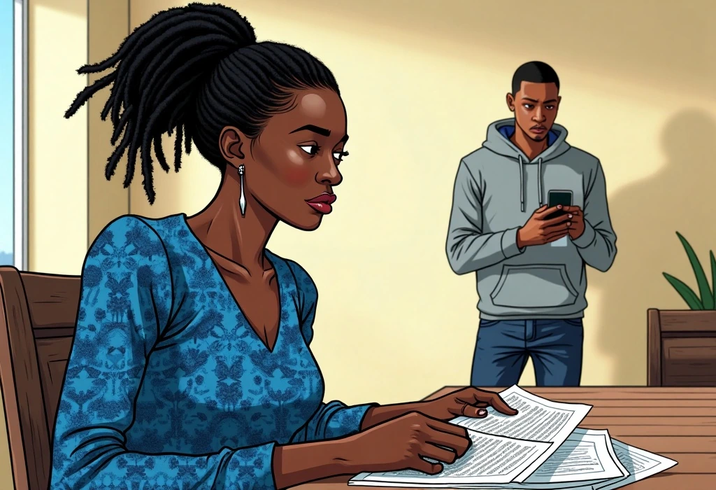 Florence reviews the suspicious invoice while Tunde paces nervously. — illustration from the story "The Paperwork on the Dining Table"