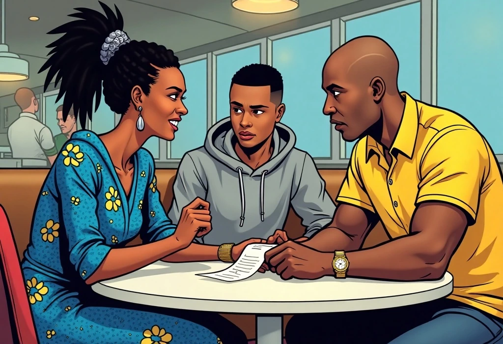 Raymond pressures Florence to pay without a formal contract. — illustration from the story "The Paperwork on the Dining Table"