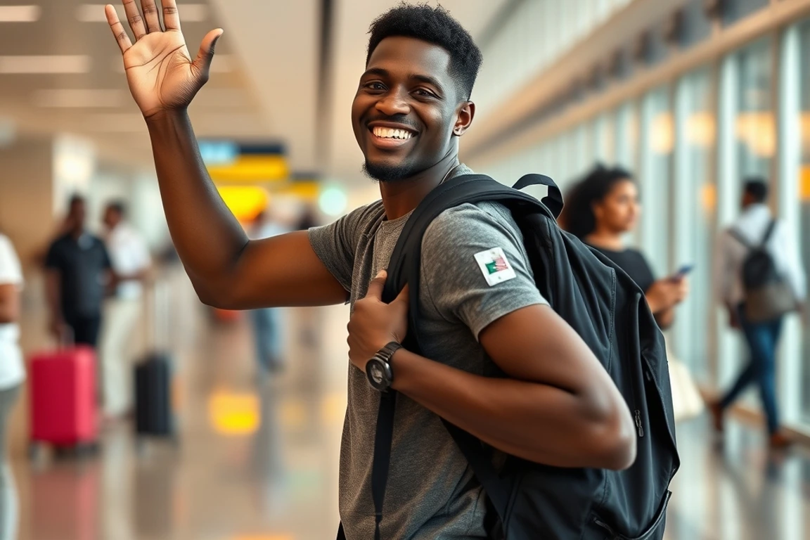 A happy student waving goodbye at the airport before boarding his flight.