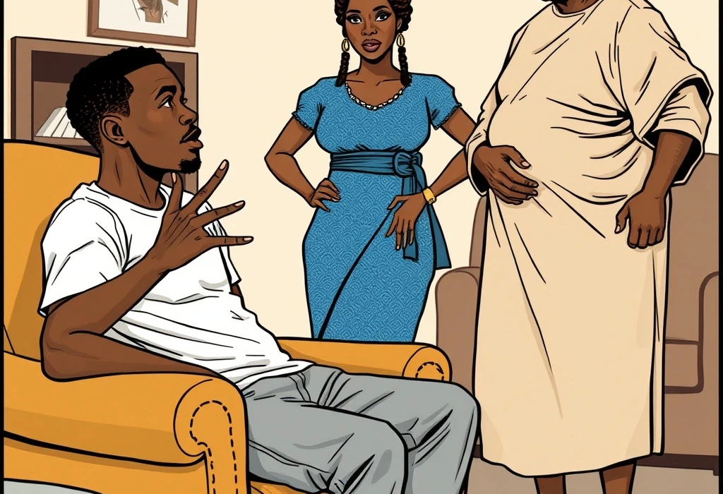 Uncle Tunde proposes a risky backdoor route, which Toyin immediately rejects. — illustration from the story "The Flight of the January Sparrow"