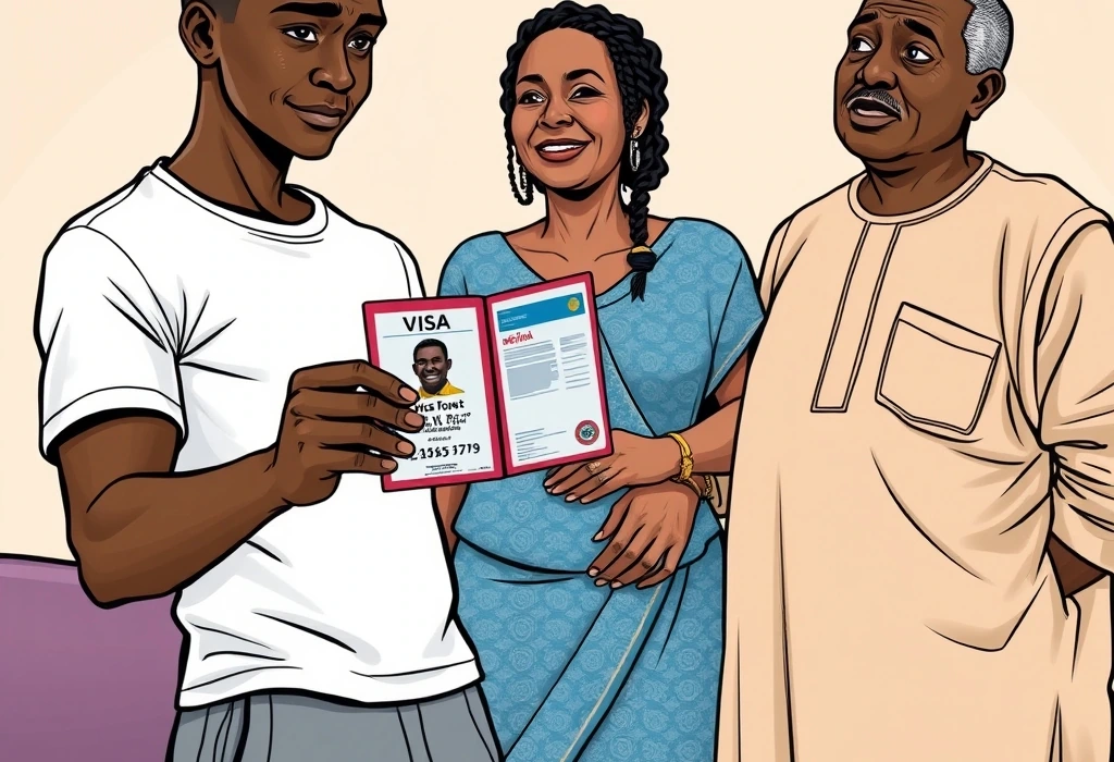 Femi proudly displays his approved student visa, secured legitimately for January. — illustration from the story "The Flight of the January Sparrow"