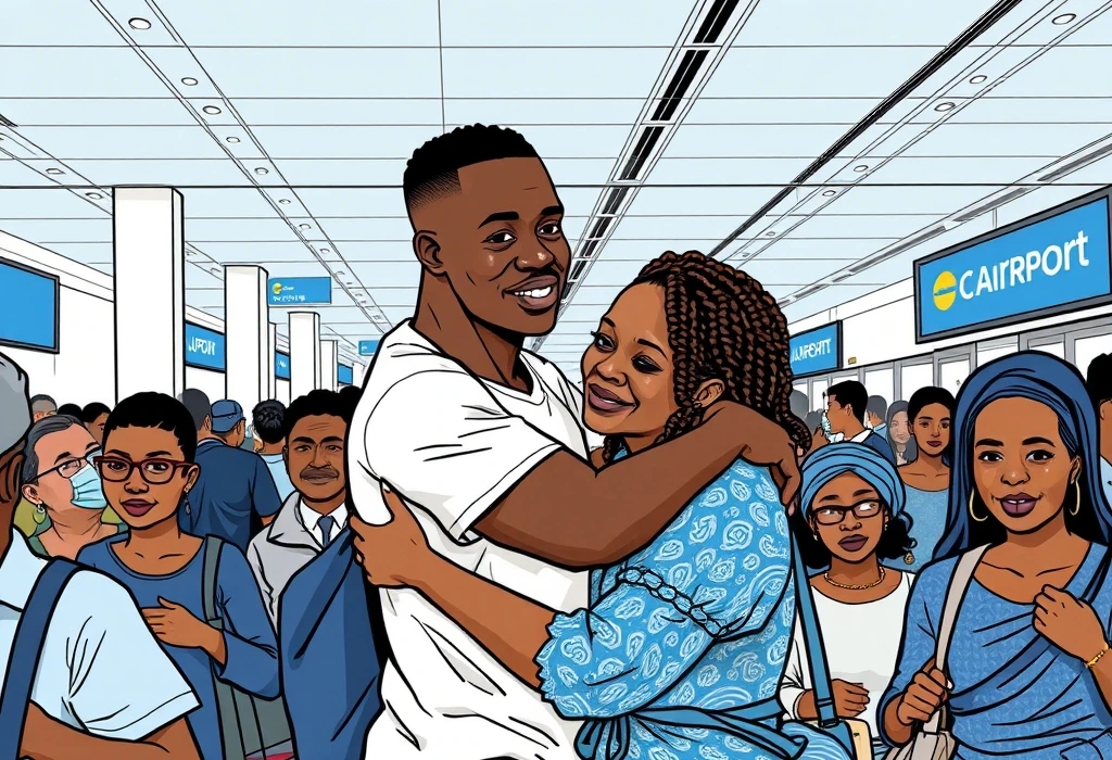 Femi heads to the departure gate, his future secured through patience and proper planning. — illustration from the story "The Flight of the January Sparrow"