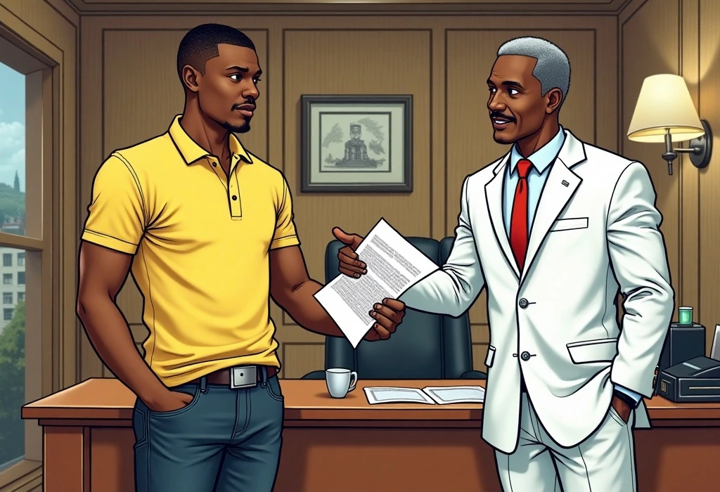 Mr. Okoro shows Ifeanyi the agent's checklist, confident the funds are sufficient. — illustration from the story "The €1,904 Gap"