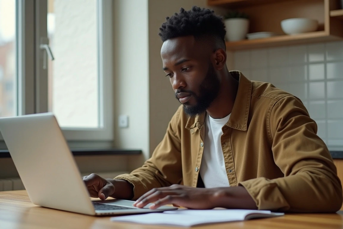 Nigerian student researching European university courses on his laptop at home.