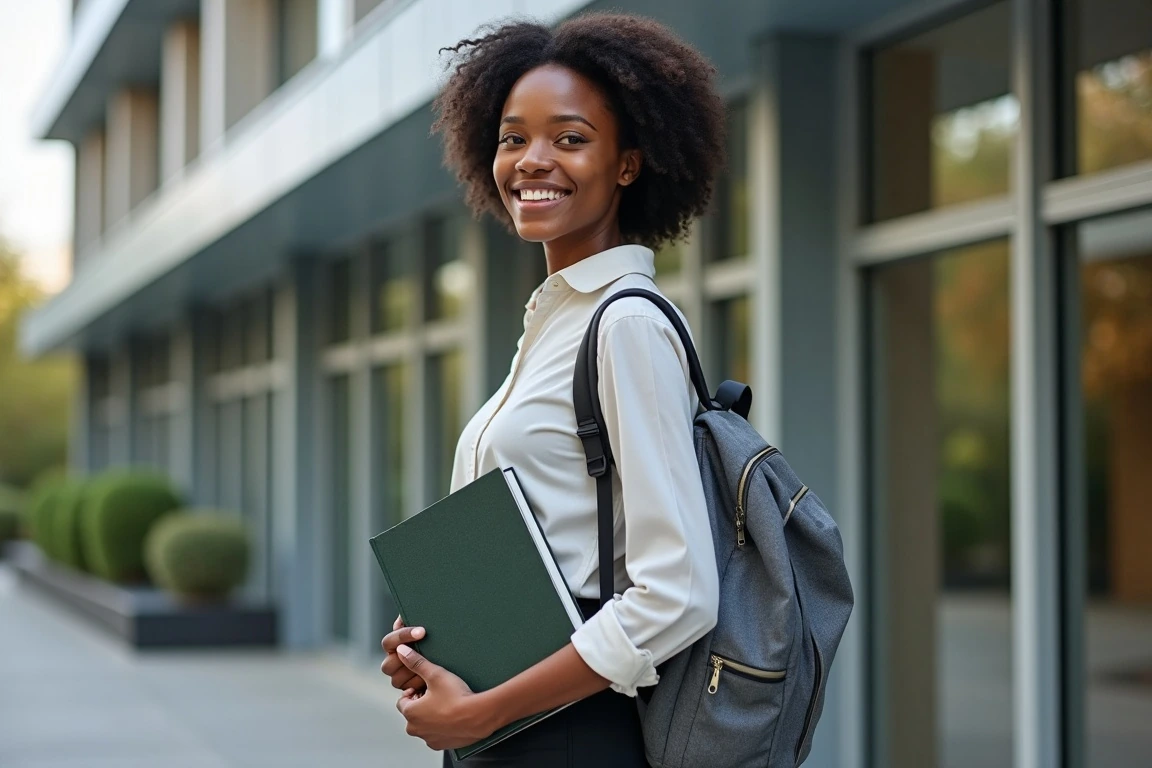 International student standing happily outside a university building.