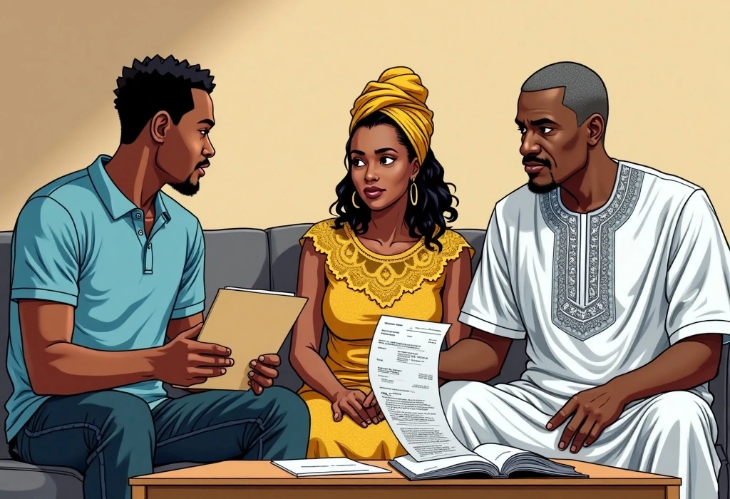 Uncle Segun presents his contact's UK college proposal to Mrs. Sanusi and Rotimi. — illustration from the story "The European Option"